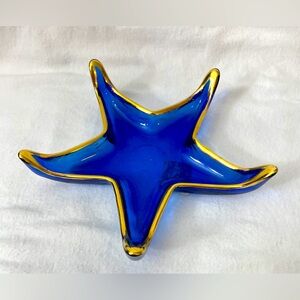 Cobalt Blue Starfish Glass Dosh Gold Trim Recycled Handmade Spain 7” Trinket Art